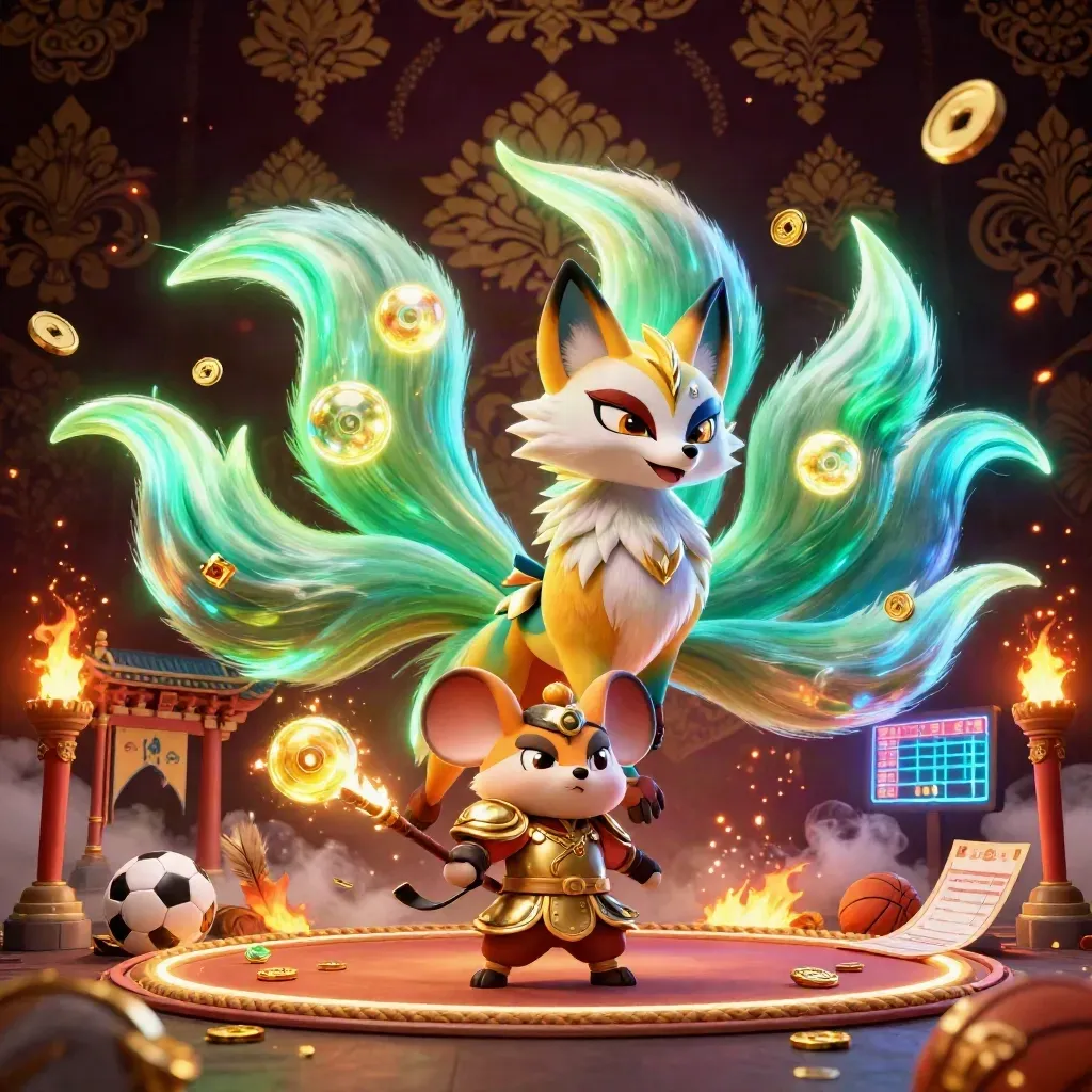 Nine-tailed neon fox spirit and armored mouse amid casino and sports-bet fantasy lights