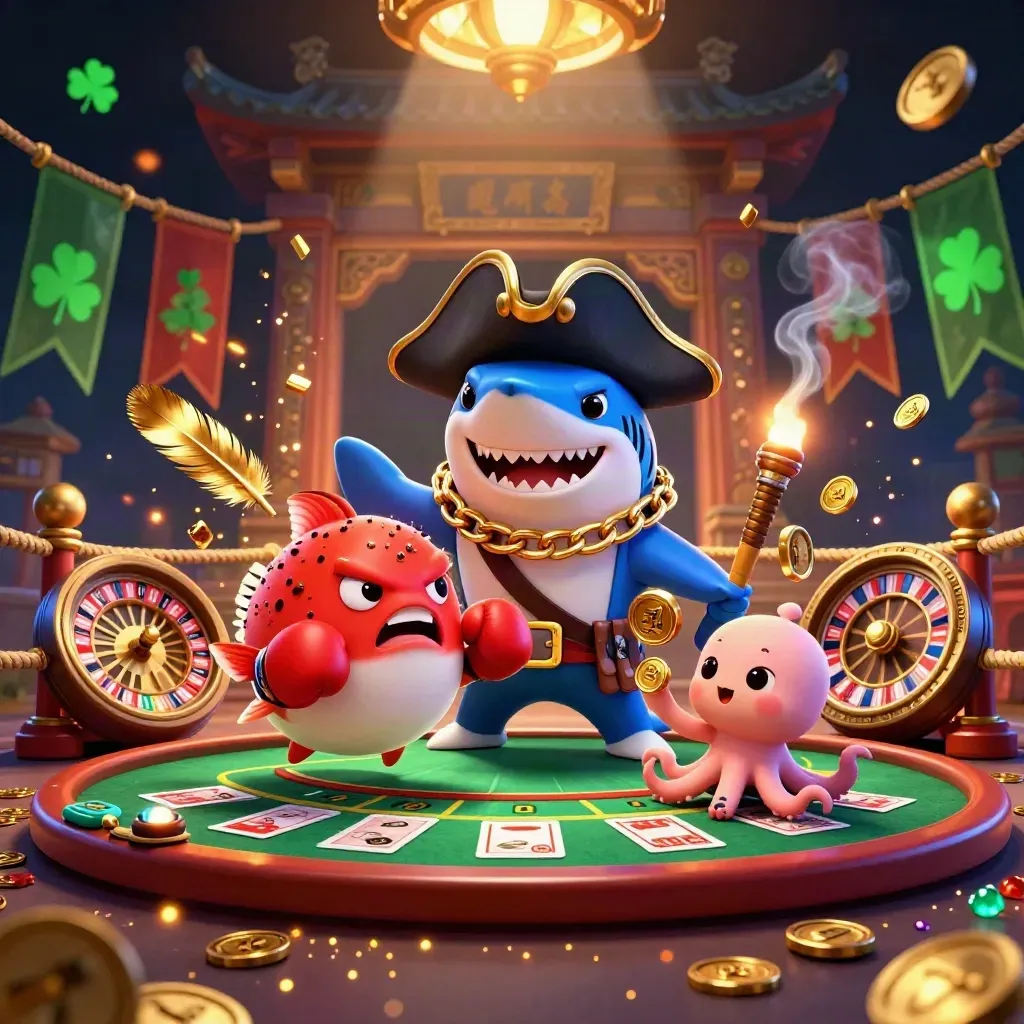 Pirate shark, boxing pufferfish, and coin-juggling octopus in a luxe casino ring