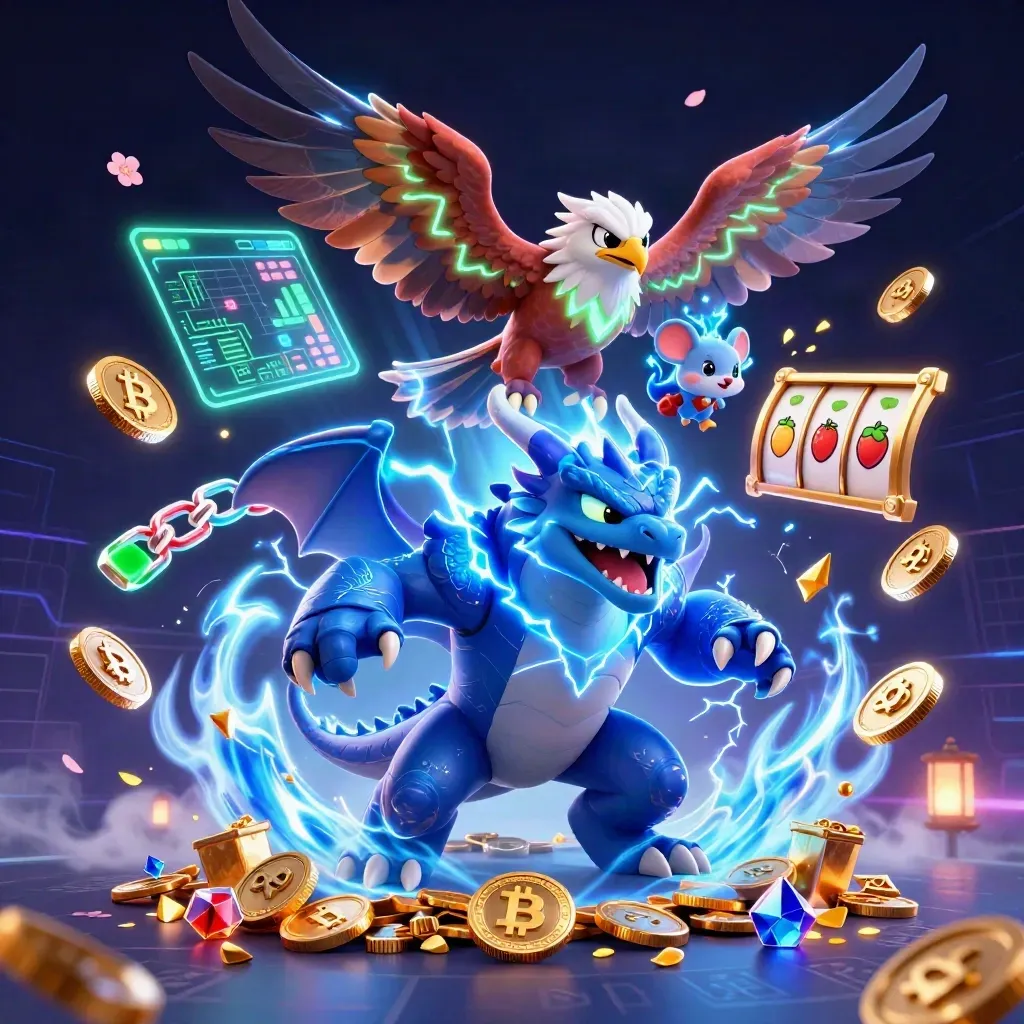 Thunder dragon, wind hawk, and static mouse burst through neon crypto casino effects