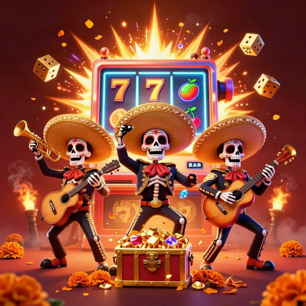 Day-of-the-Dead skeleton mariachi trio amid exploding slot machine, gold, gems, and neon sparks