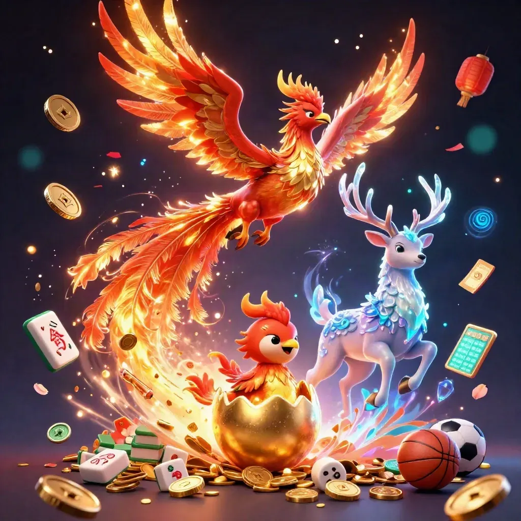 Phoenix, stag, and treasure burst with coins, lanterns, fireworks, and casino-sports icons.