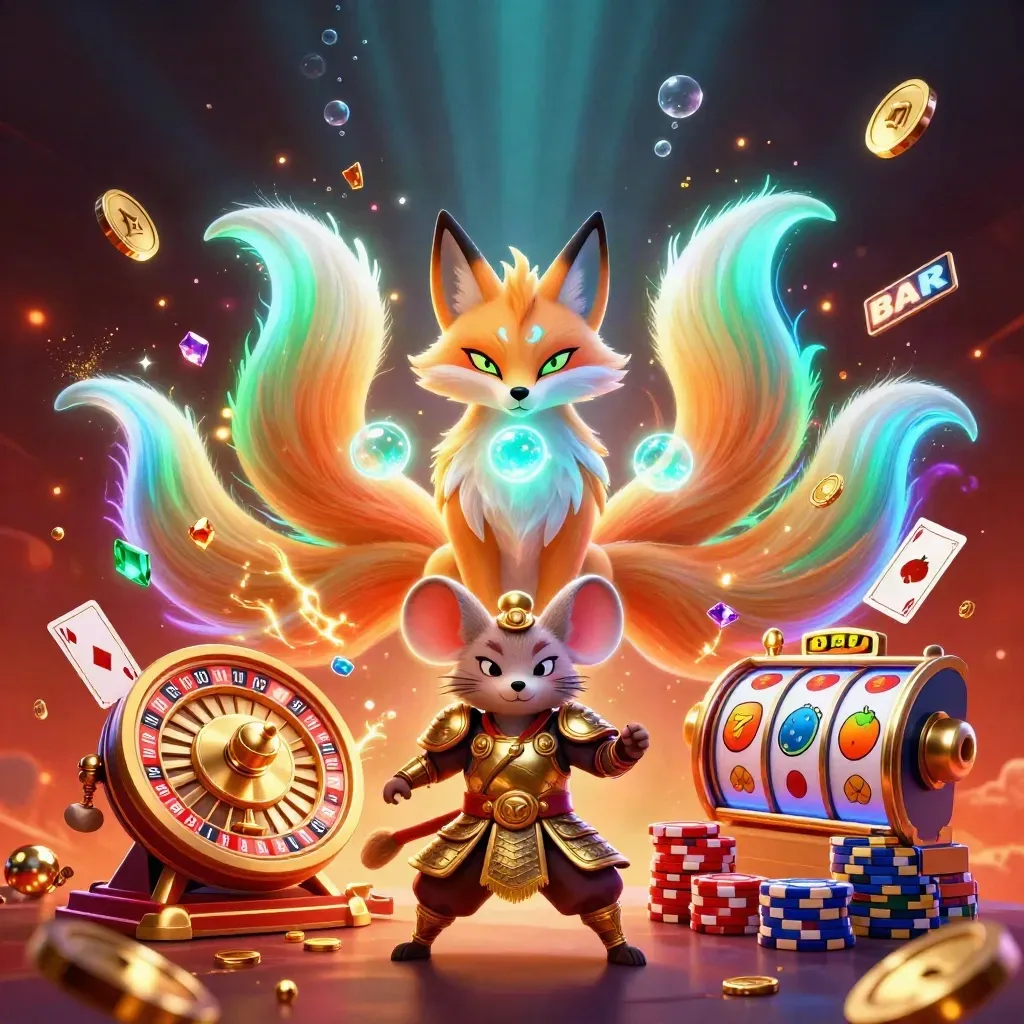 Fox spirit and samurai mouse amid casino coins, cards, chips, and glowing reels