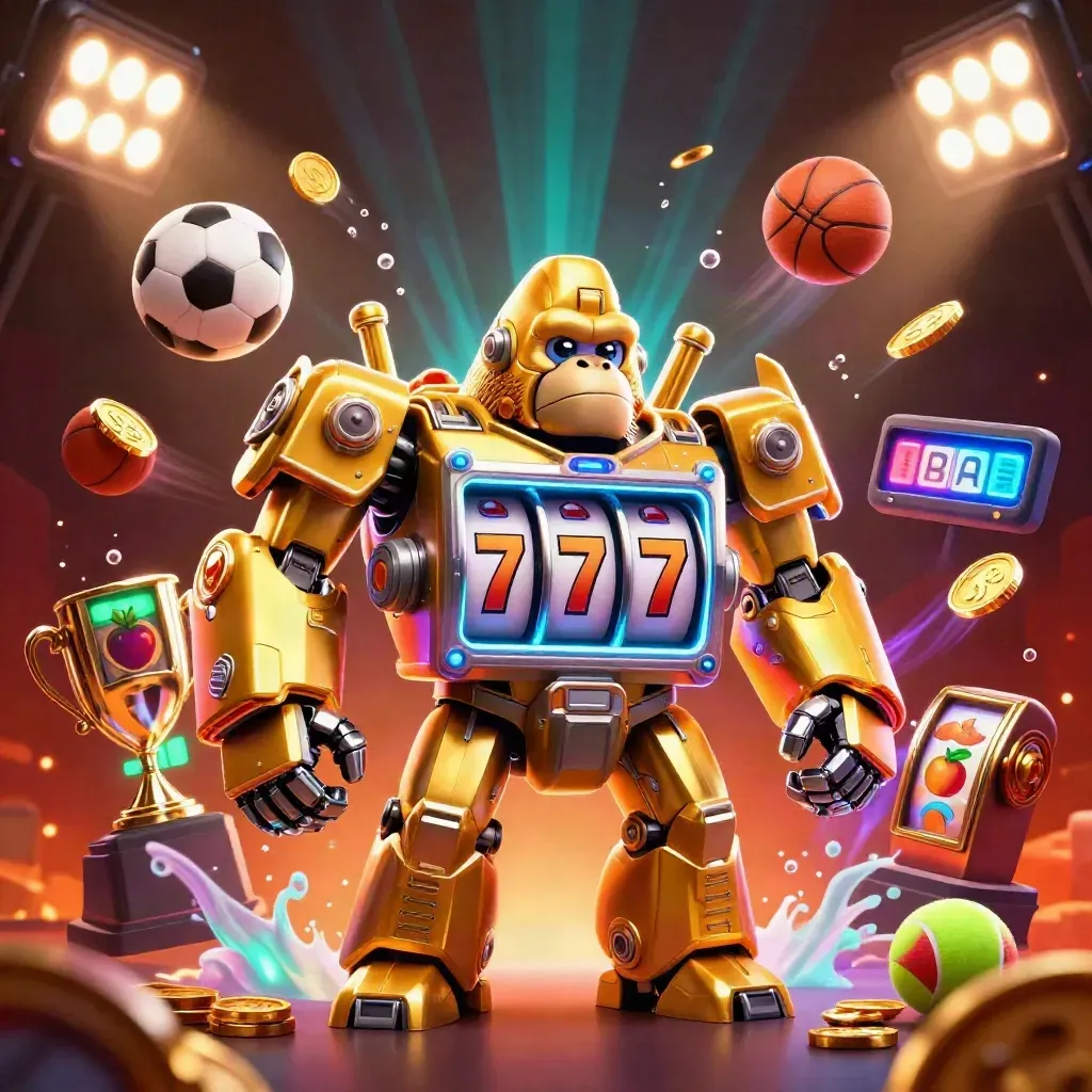 Golden gorilla mech with monkey pilot, flying sports balls, coins, and neon casino glow.