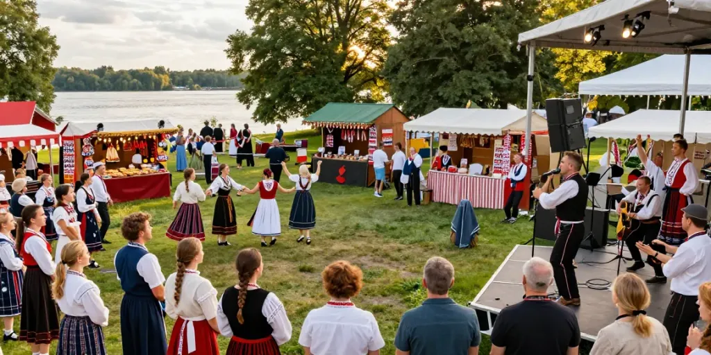 Things to do in Lithuania, local festival in Klaipėda with musicians, dancers, and market stalls
